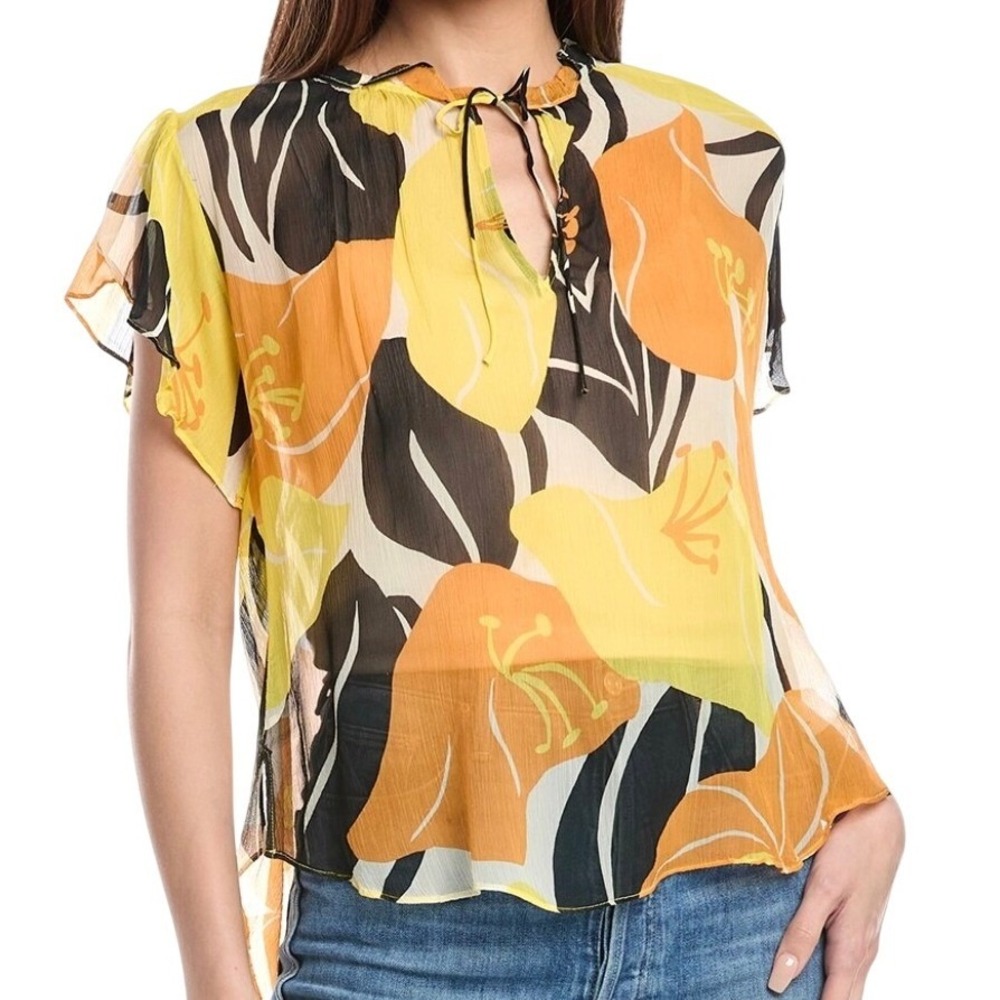 The Kooples Paris Yellow Orange Floral Silk Chiffon Flutter Sleeve Blouse L NWT